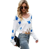 Solid Color Printed Long Sleeve Hollow Out Sweater Tops